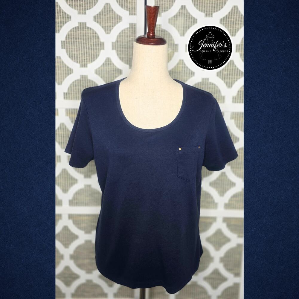 3/$25 Hastings & Smith Navy Blue Scoop Neck Chest Pocket Short Sleeve Top Size M
